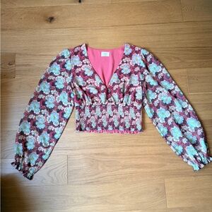 Wilfred Aritzia Floral V-Neck Smocked Waist Blouse, Coral/Blue, Size S